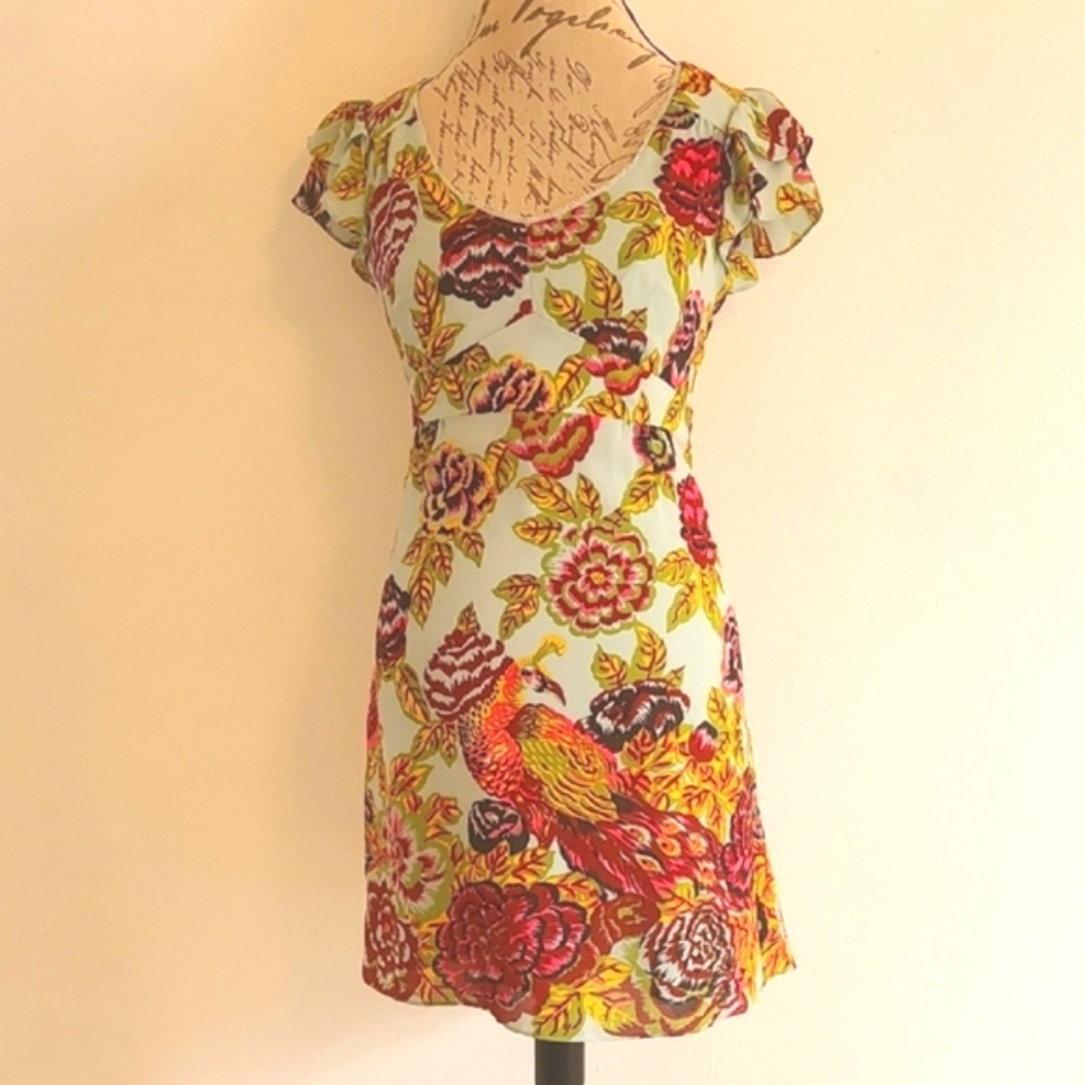 Nanette Lepore Peacock Bird Feather Floral Silk Dress Size 6
